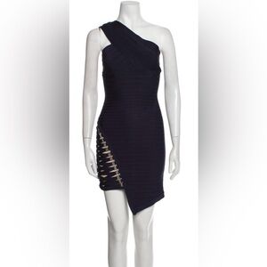 Herve Leger Navy Asymmetrical Bandage Dress